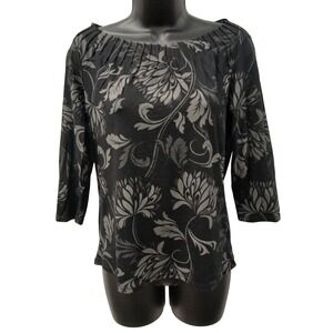 Talbots Petites Black Grey Floral Damask Pleated Scoop Neck 3/4 Sleeve Blouse S